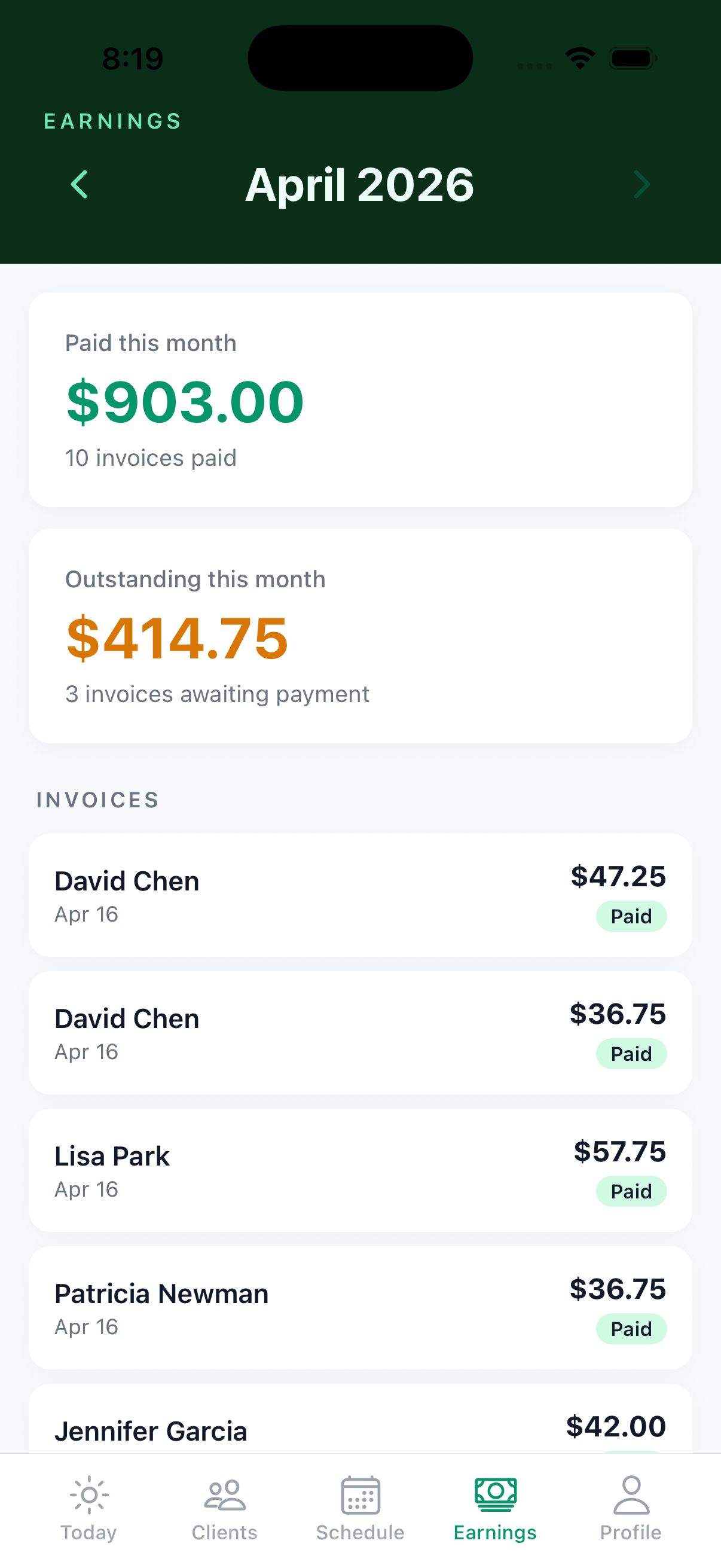 Earnings dashboard